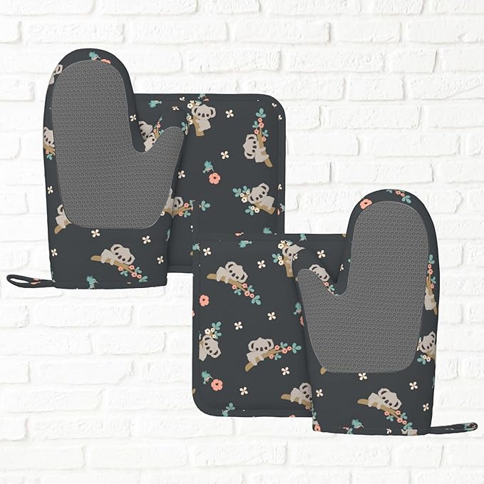 Cute Koala Oven Mitts and Pot Holders Set of 4 Silicone Heat Resistant Oven Mitten Potholders Non Slip Gloves Kitchen Decor for BBQ Cooking Grilling Baking