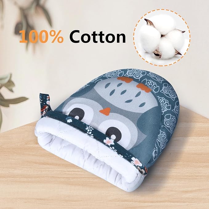 Mini Oven Mitts Cute,Silicone Oven Mitts Heat Resistant 500℉ with Non-Slip Grip and Soft Quilted Cotton Lining for Kitchen Cooking and Baking. Machine Washable-Owls Blue