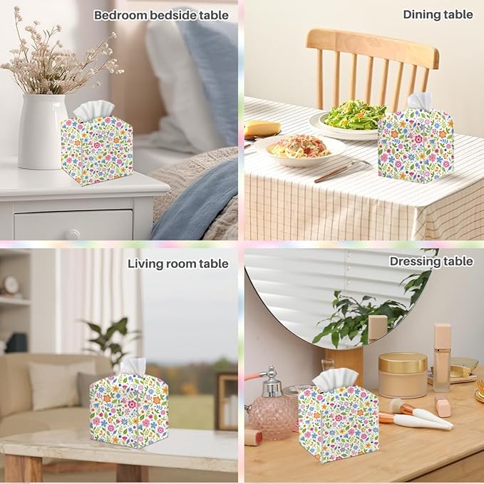 Tissue Box Cover, Tissue Box Holder, Square with Belt Bottom, PU Leather Decorative Organizer for Desk, Tabletop, Countertop Bathroom, Toilet Car, Office, Dresser Kitchen, Aesthetic Flower Decor