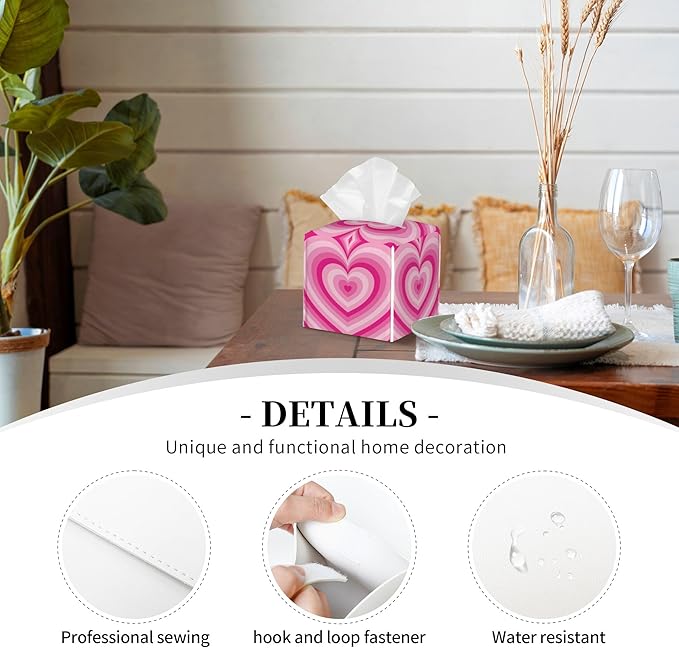 POIUBLE Tissue Box Holder Pink Heart Tissue Box Cover Square Leather Tissue Holder Organizer Portable Decorative Facial Paper Case for Home Office Bathroom Vanity Countertop