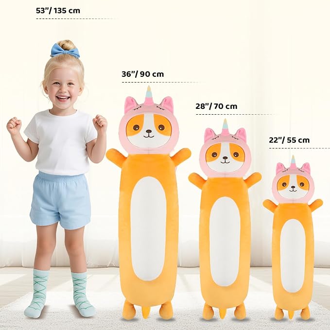 HAIJUNYA 22 Inch Kawaii Unicorn Dog Long Plush Body Pillow Toy, Soft Corgi Shiba Inu Plushies with Stuffy Unicorn Outfit Big Stuffed Animals Gift for Kids Boys Girls, Birthday, Halloween, Christmas