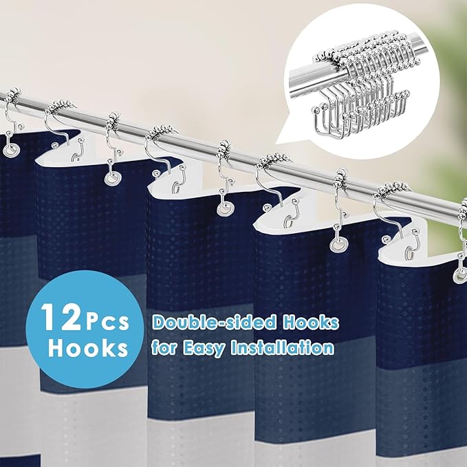Nesphy Shower Curtain and Liner, Navy Blue Striped 3 in 1 Shower Curtain and PEVA Liner Set with 12 Rust-Resistant Metal Hooks, Waterproof Fabric Shower Curtains for Bathroom, 72 W x 72 H
