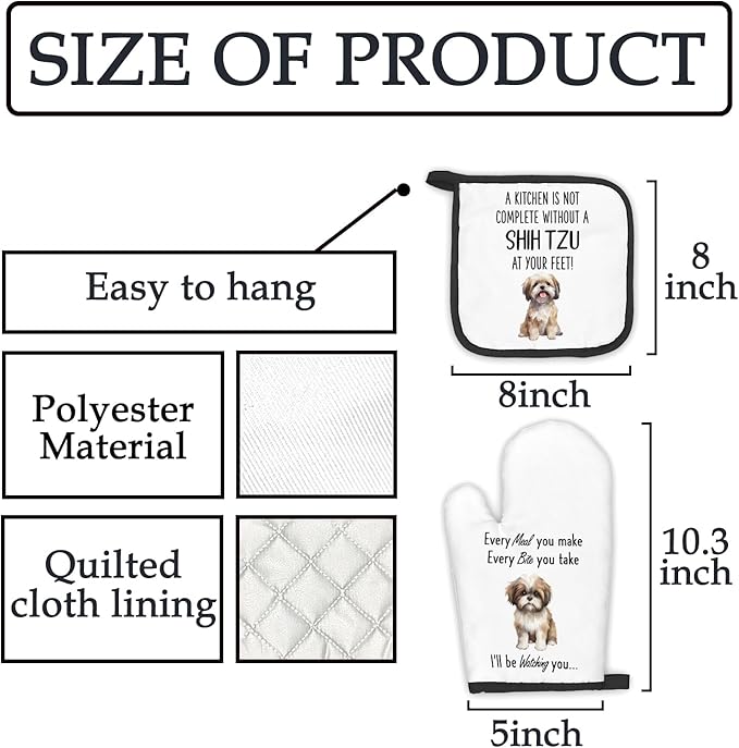 Shih Tzu Gifts Dog Oven Mitts and Pot Holders Sets, Shih Tzu Gifts for Women, Dog Kitchen Accessories Sets, Complete Without a Shih Tzu Dog Heat Resistant Oven Glove Potholders for Kitchen