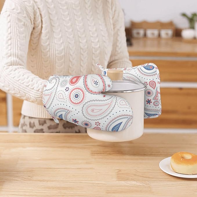 Silicone Oven Mitts and Pot Holders Sets, Home Pink Paisley Heat Resistant BBQ Gloves for Kitchen Baking Cooking Grilling Microwave