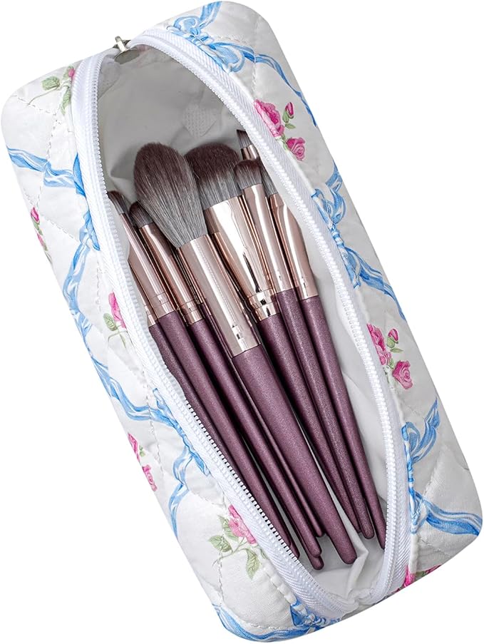 WHHJM Cute Floral Makeup Brush Bag Small Cotton Quilted Cosmetic Bag for Women Travel Toiletry Zipper Make Up Pouch (Blue Bowknot Rose)