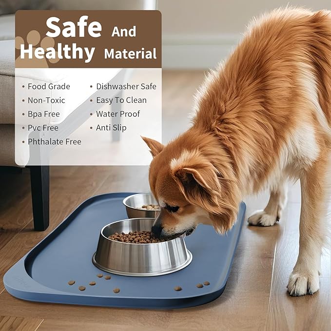 Smilool Silicone Pet Food Mat with Raised Edge for Food and Water Bowl, Dog Feeding Mats, Cat Food Trays for Floor Waterproof, Rubber Tray for Dogs and Cats, 22 x 14 x 0.8 Slate Blue