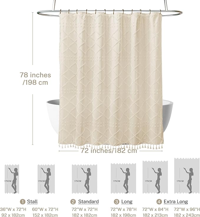 Siiluminisoy Extra Long Boho Farmhouse Shower Curtain, 72 x 78 Cream/Beige Tufted Chevron Textured Striped Modern Minimalist Cloth Curtain for Bathroom