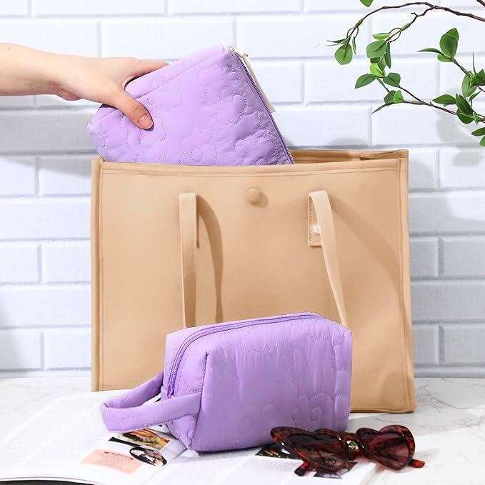 Paterr Makeup Bag Set 3 Pcs Large Quilted Cotton Make up Bags for Women Cosmetic Travel Toiletry Organizer Pouch Cute Aesthetic Storage Purse(Purple,Purple Flower)