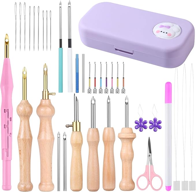 37Pcs Punch Needle Embroidery Kit - Complete for Needle Punching - Includes Punch Needle Tools in Various Sizes,Perfect for Crafting&Gift(Purple)