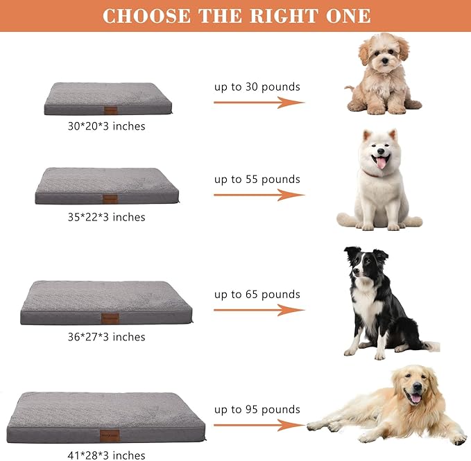Waterproof Dog Beds for Large and Extra Large Dogs - Orthopedic Washable Crate Pad 44 inch, XL-Plus Egg Crate Foam Pet Bed Mat with Removable Cover, Anti-Slip Kennel Pad, 44''×32'', Grey