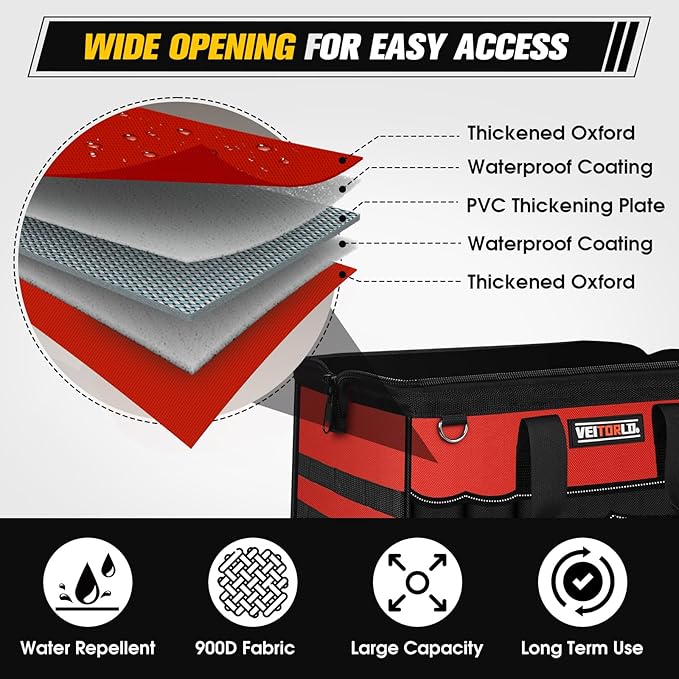 16-Inch Heavy Duty Tool Bag, 19-Pockets Tool Box Organizer, Portable Toolbag W/Soft Handle for Organized Storage, Mechanic Gifts for Him Men Husband Valentines Day, Wide Mouth Electrician Toolbox, Red