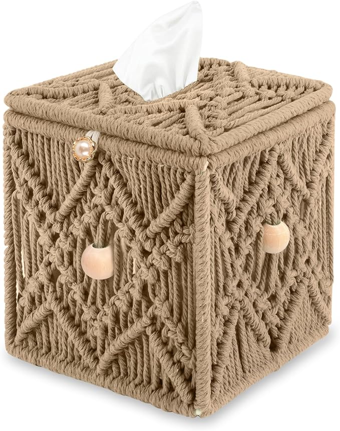 KaloKalo Handmade Tissue Box Cover Decorative Macrame Boho Square Tissue Holder Cotton Rope Woven Napkin Facial Paper Organizer Bohemian Desk Storage Container with Buckle Wood Beads (Khaki)