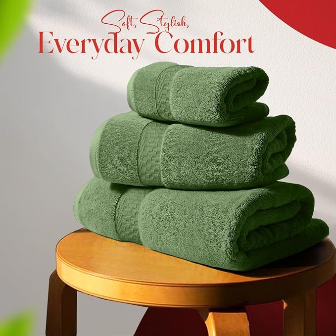RIVERSIDE 3-Piece Towel Set, 1 Bath Towel, 1 Hand Towel, 1 Washcloth, 550 GSM Ring Spun Cotton, Soft, Quick Dry, Absorbent Bathroom Towels for Home, Gym, Spa, Sage Green