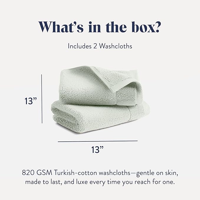 Brooklinen Super-Plush Turkish Cotton Washcloths - Set of 2 - Cotton, 820 GSM, Highly Absorbent, Machine Washable, Perfect for Home & Bathroom (13" x 13", Aloe Green)
