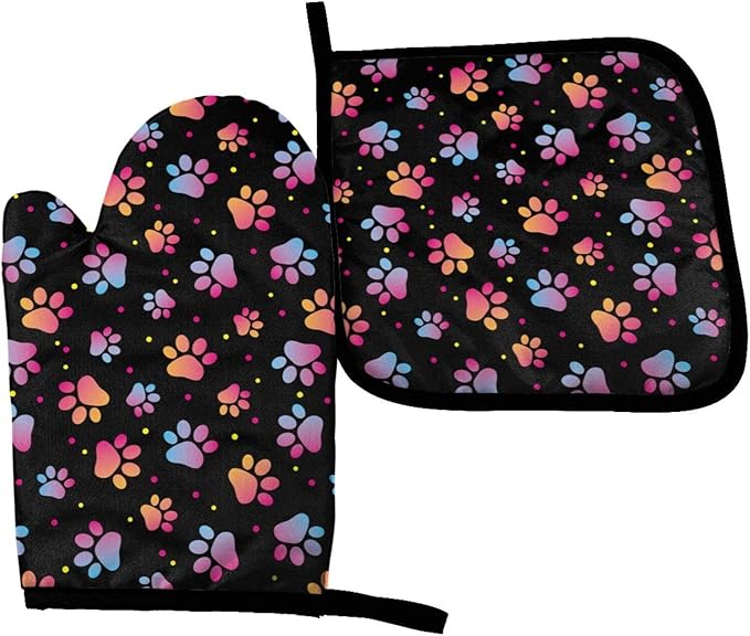 Dog Animal Paws Print Oven Mitts and Pot Holders Insulated Gloves & Kitchen Counter Safe Mats for Cooking BBQ Baking Grilling (2-Piece Set)