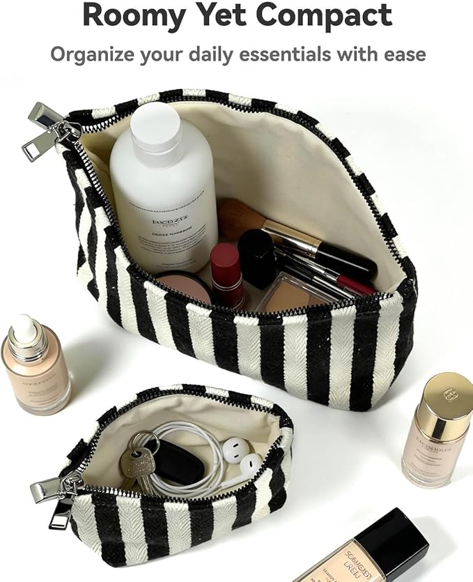 2 Pcs Makeup Bag Set for Women, Travel Cosmetic Bags, Canvas Make up Bag for Purse, Black White Striped Makeup Pouch with Zipper Lining, Cosmetic Storage Car Bag, Portable Large & Small Toiletry