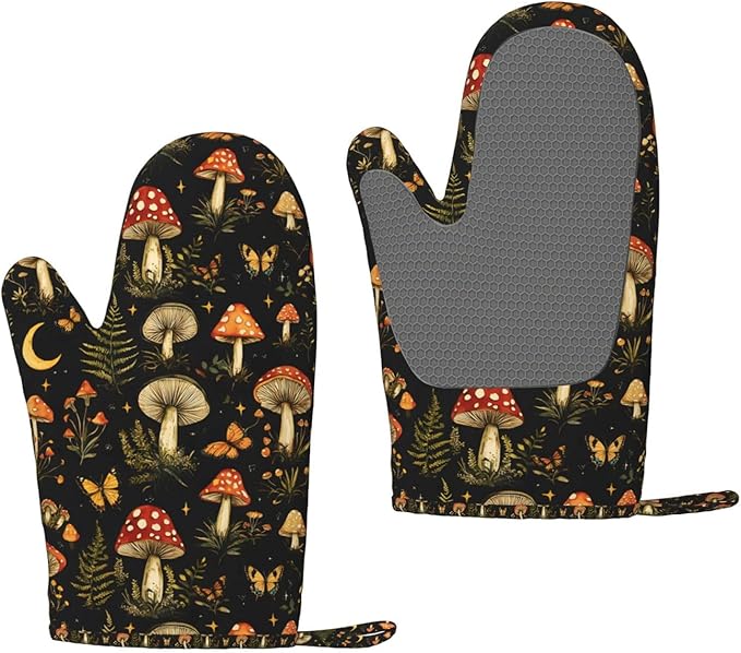 Heat Resistant Oven Mitts 2 Pack, 500°F Silicone Oven Gloves with Non-Slip Grip, Soft Quilted Cotton Lining for Baking, Grilling, BBQ, Cooking (Mushrooms Butterflies)