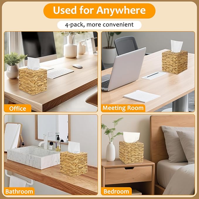 4 Pack Water Hyacinth Tissue Box Cover – Handwoven Rattan Square Holder, Natural Boho Decorative Organizer for Facial Tissues in Bathroom, Living Room, Bedroom & Office