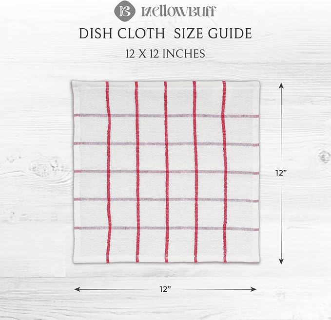 Mellow Buff 100% Cotton Terry Dish Cloth & Dish Towel, 6 Pack, Super Soft and Absorbent Kitchen Towels, Perfect for Kitchen Cleaning and Dish Washing (RED (Solid and Checks) 8 Pack)