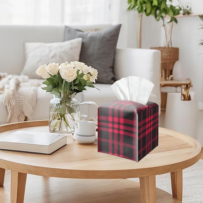 Red and Black Checkered Tissue Box Cover Square, Vintage Leather Tissue Holder with Bottom Belt, for Nightstands Desks Office Bathroom Car Vanity Home Decor Supplies -008