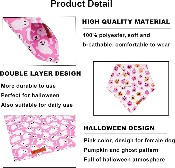 ADOGGYGO Halloween Dog Bandana, Pink Pumpkin Ghost Pet Scarf, Premium Durable Fabric, Adjustable Fit Female Halloween Bandanas for Small Dogs Puppies Cats (Small)