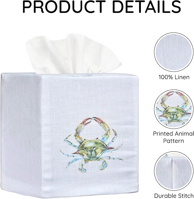 EmbroideryLinen.VN Tissue Box Cover Set of 2, Square Linen Tissue Holder, Printed Animal Pattern, 4.5x4.5x5.5 Inches, Decorative Holder for Bathroom, Living Room, Office (Blue & Green Crab)