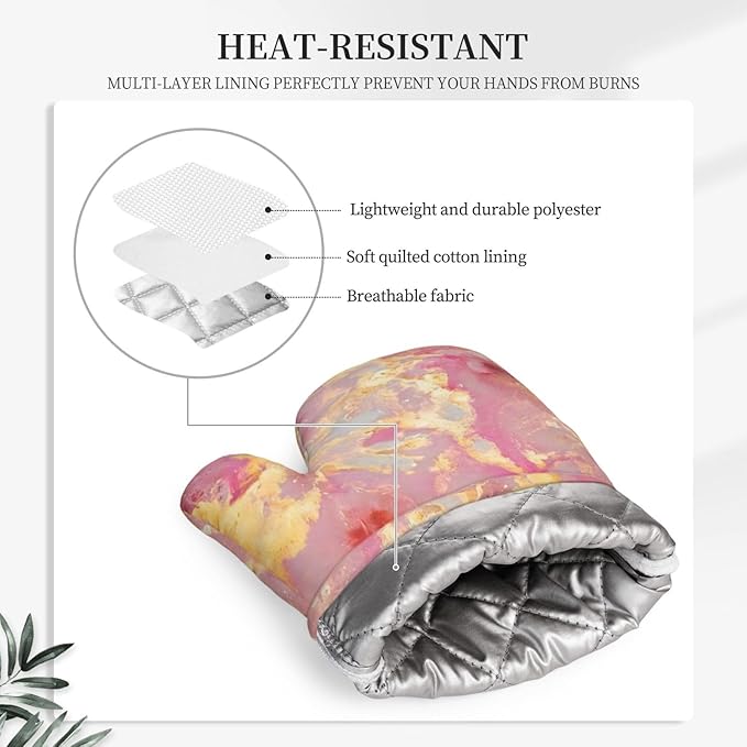 Pink Marble Pattern Oven Mitts and Pot Holders Sets, Home Silicone Heat Resistant BBQ Gloves for Kitchen Baking Cooking Grilling Microwave