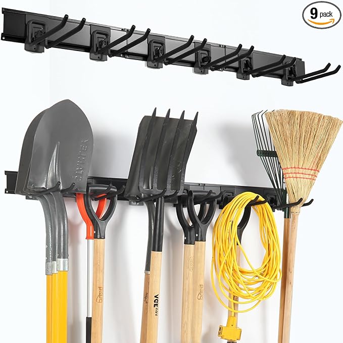 Aking Ace Garage Organization Wall Mount, 48inch Garden Tool Organizer with 6 Clamping Hooks, Heavy Duty, Garage Hanging Storage Rack for Yard Tools, Shovel, Shed, Hold Up to 420lbs (48Inch Black)