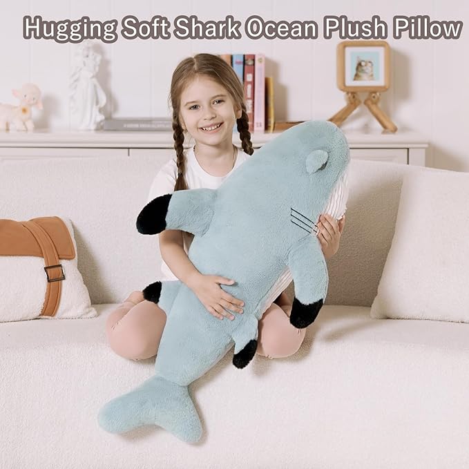 Tezituor 32inches Shark Stuffed Animals, 2.6ft Large Gray Stuffed Shark Plush Body Pillow for Girls Boys, Realistic Ocean Plush Toy Birthday Valentine's Day Decora Gift for Adults