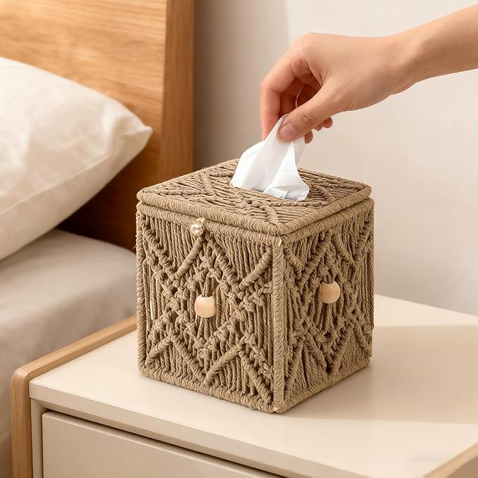 KaloKalo Handmade Tissue Box Cover Decorative Macrame Boho Square Tissue Holder Cotton Rope Woven Napkin Facial Paper Organizer Bohemian Desk Storage Container with Buckle Wood Beads (Khaki)