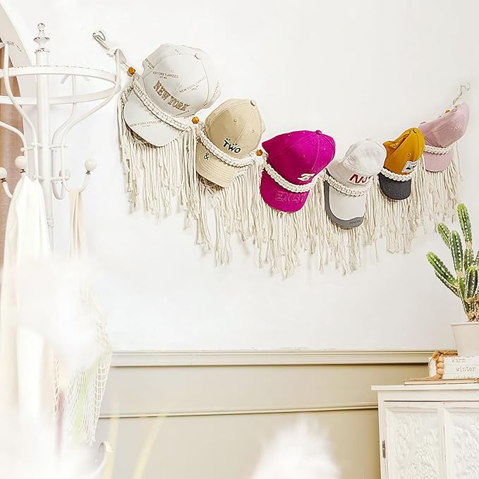 jontell Macrame Hat Organizer Baseball Cap Holder Ball Hat Storage Cap Display with Bead Wall Hanging Hat Rack for Boho Bedroom Living Room-1 Pack