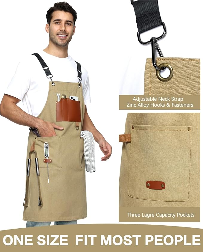 Kitchen Apron - 3 Large Pockets, Cross Back Apron With Adjustable Straps, Cooking Kitchen Chef Apron For Women And Men, Wear-Resistant & Easy To Clean.(Khaki)