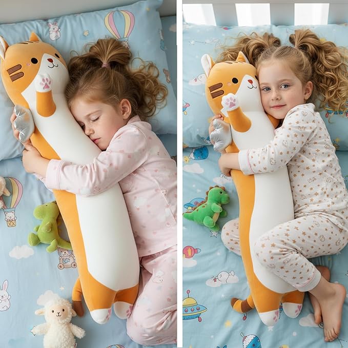Long Cat Plush Pillow, Cute Cat Stuffed Animal Body Pillow with Wings, Soft Kawaii Kitty Hugging Pillow, Christmas Valentine's Birthday Gift for Kids Girls Boys (Yellow, 90cm/35.43in)
