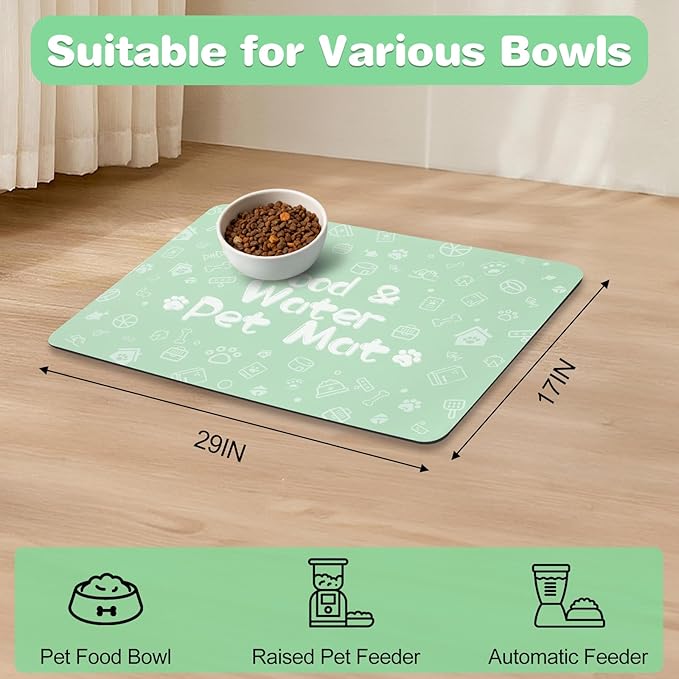 Pet Feeding Mat,Dog Cat Mat for Food and Water,Dog Bowl Waterproof Placemat with Rubber Backing,Absorbent Quick Dry Water Dispenser Mat for Pet（Green 17"×29"）