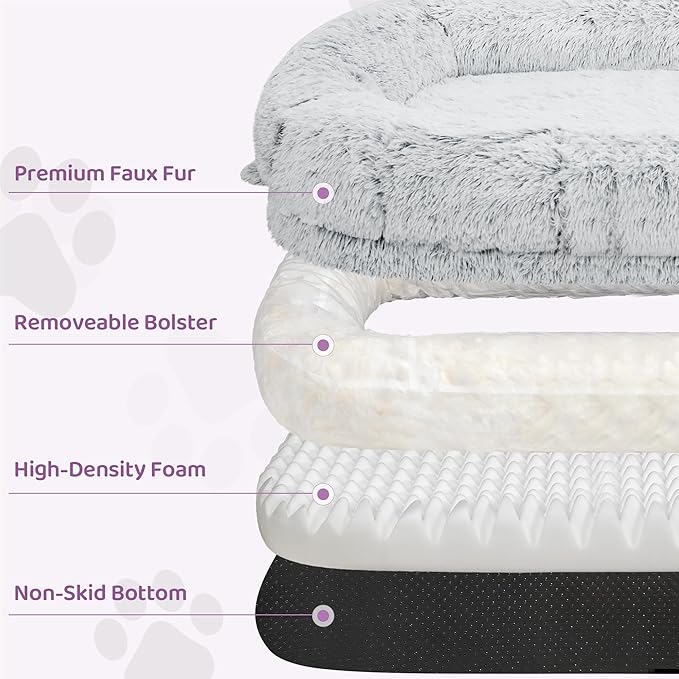 Murago Human Dog Bed for Adults, 43 x 10 x 75 Long Human Size Dog Bed, Removable Cover, Orthopedic Design, Light Grey