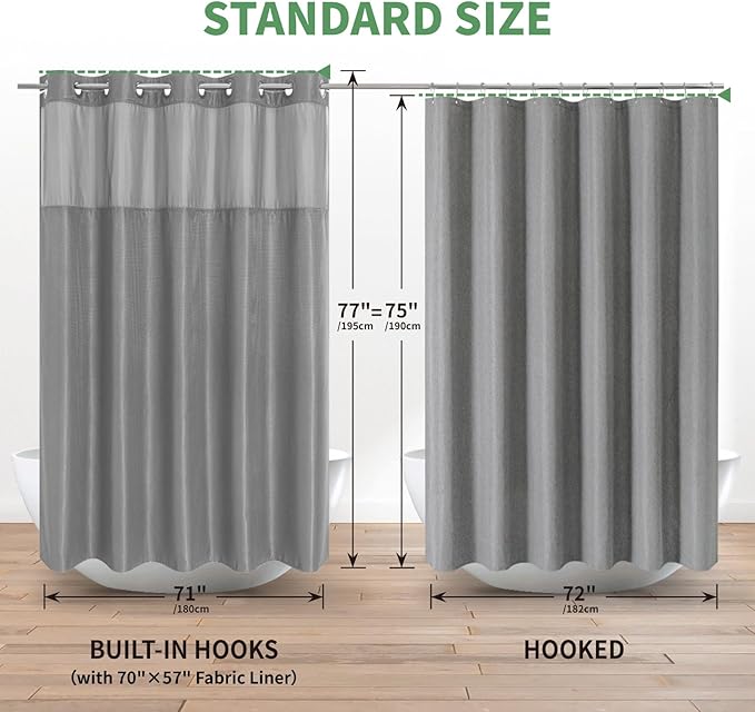 eachope Grey No Hook Shower Curtain with Snap-in Fabric Liner Set,Waffle Weave Shower Curtains for Bathroom,Hotel Luxury Decor Bathroom Curtain Set,Waterproof & Washable,71Wx77H