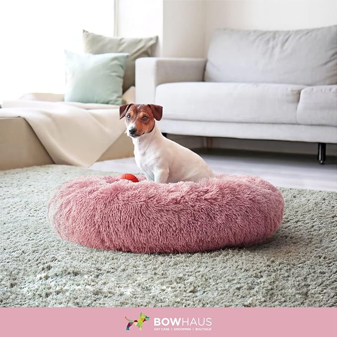 BOWHAUS 24/30 Inch Calming Donut Pet Bed for Small/Medium Cats and Dogs, Anti-Slip Bottom, Washable, Anti-Anxiety Fluffy Round Cat Bed, Indoor Shaggy Cuddler Cotton Candy Brown, Light Gray, Pink Bed