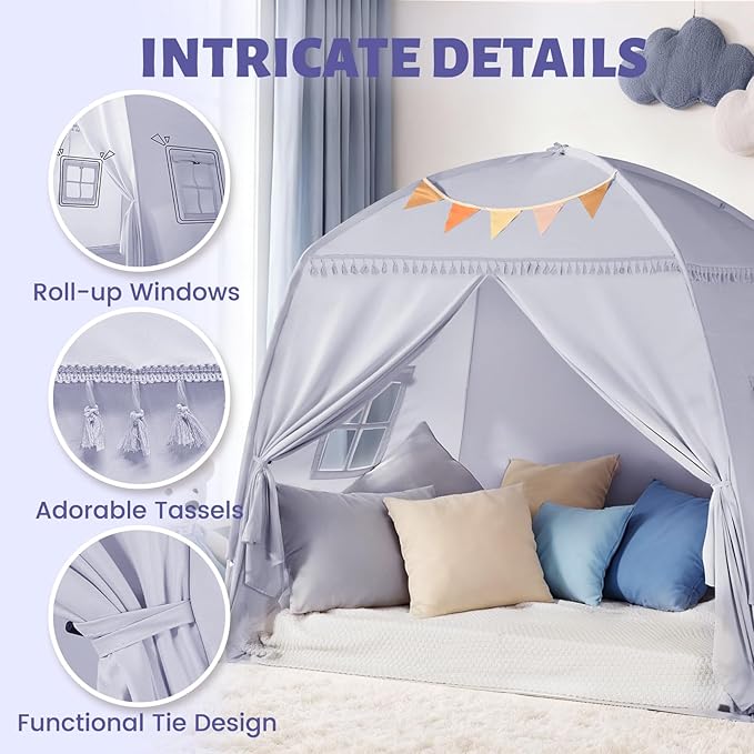 Sumbababy Large Teepee Tent for Kids: with Star Lights - Tent for Toddler Indoor Kids Teepee Tent for Boys & Girls - Toddler Play Tent Inside Canopy Bed for Playroom Gift Toys (Gray)
