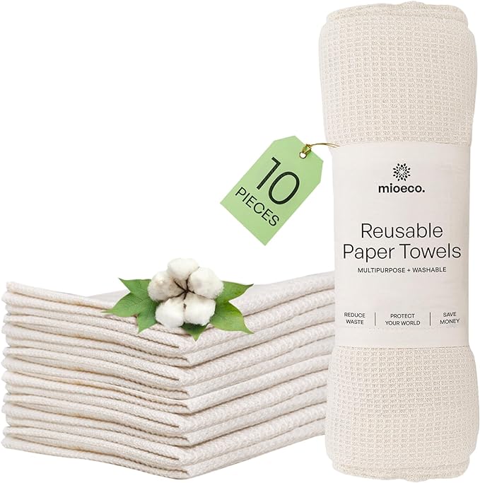 mioeco 10 Pack Kitchen unPaper Towels Washable - Super Absorbent Natural Paper Towels - Natural Cotton - Reusable, Paperless Kitchen Dish Cloths - 100% Organic