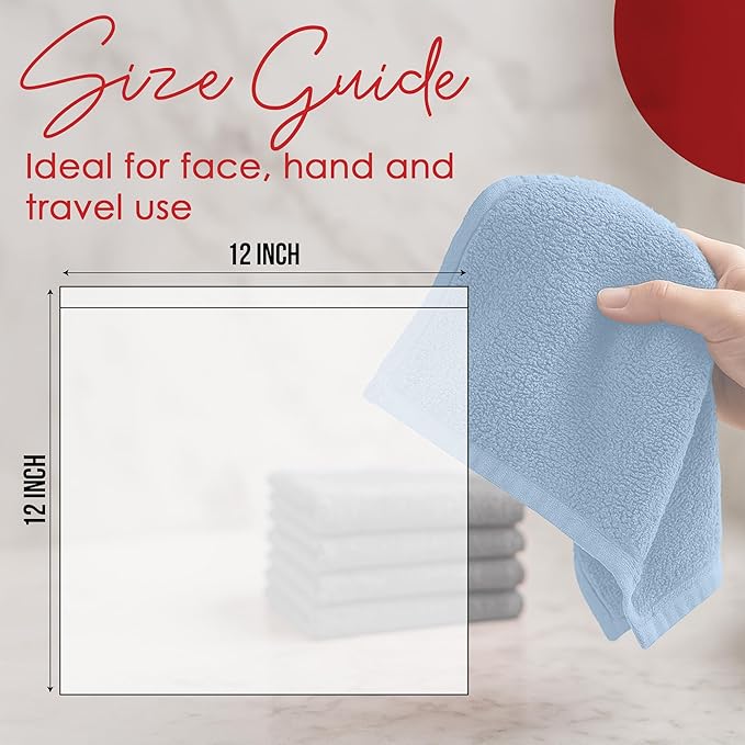 RIVERSIDE 12 Pack Washcloths - 12x12 Inches, 500 GSM, 100% Ring-Spun Cotton - Soft, Absorbent & Durable Face and Body Towels - for Bathroom, Spa, Gym, Makeup Removal & Everyday Use - Medium Blue