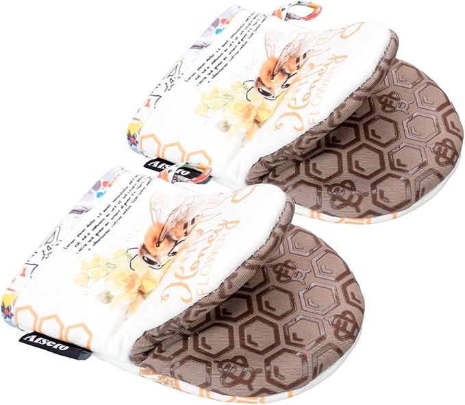 Mini Oven Mitts,2pk - Silicone Little Kitchen Gloves, Heat Resistant with Non-Slip Grip and Soft Quilted Cotton Lining for Safe Backing Cooking Barbecue (Khaki, Bee)