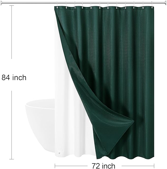 Craidlela 3 in 1 Extra Long Dark Green Shower Curtain Set-72 W x 84 H, Modern Waffle and PEVA Liner Set with 12 Stainless Steel Hooks, Waterproof Fabric for Bathroom