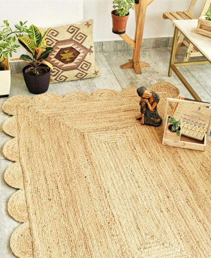 Scalloped Natural Jute Area Rug, Natural Color (6'X4'), 4'X6', SVIRUGH1