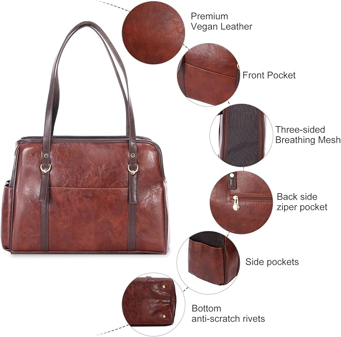 Lasaviin Dog Carrier Purse, Fashion Leather Pet Carrier with Pockets, Airline Approved Soft Sided Dog Carrying Bag for Puppy Cat Dog Coffee
