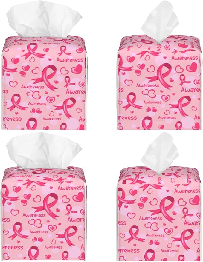 Breast Cancer Awareness Tissue Box Cover Square,Ribbons and Hearts Tissue Box Holder Waterproof Leather Facial Paper Organizer Dispenser for Bathroom Home Car Nightstand Vanity Desk