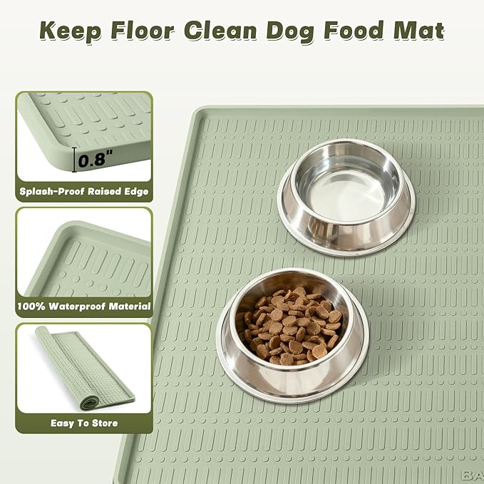 47" x 35" Silicone Dog Food Mat, Waterproof Pet Feeding Mat with Raised Edge, Extra Large Dog Bowl Mat Non-Slip Water Bowl Placemats for Dogs, Protects Floors, Easy to Clean (Light Green)