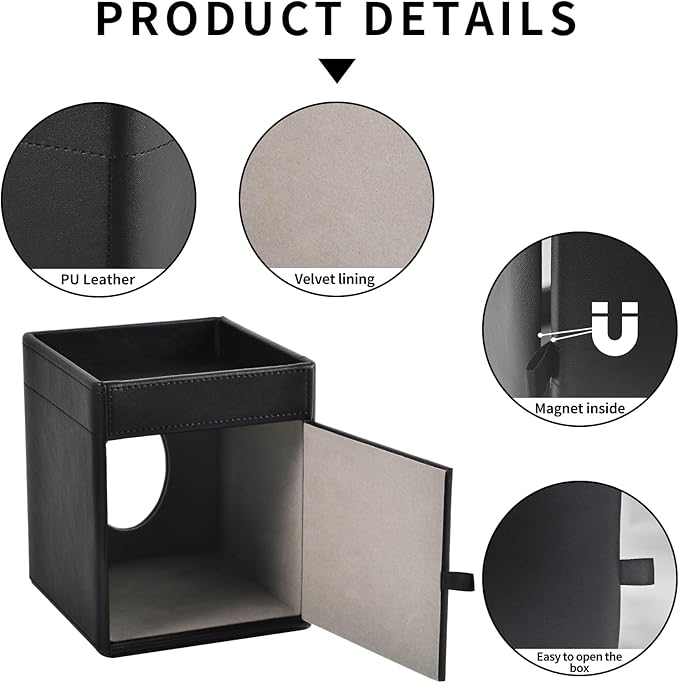 XNONE Tissue Box Cover Square Tissue Box Holder PU Leather Facial Tissues Organizer with Storage Tray for Bathroom Vanity Bedroom Office Car, Stylish Napkin Caddy Decorative Organizer (Black)