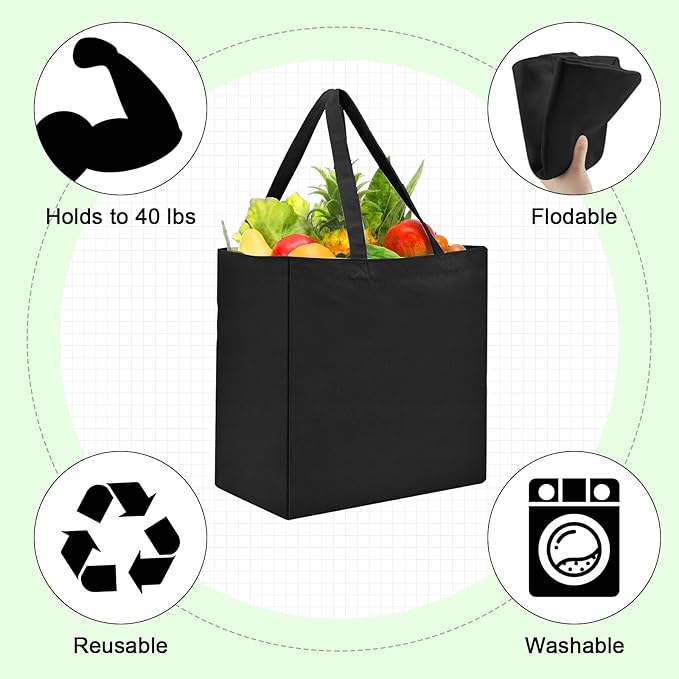 Reginary 12 Pack Canvas Grocery Bag Large Blank Shopping Tote Bags Reusable Pouches Bulk with Handle, 14 x 14 x 7.9''(Black)