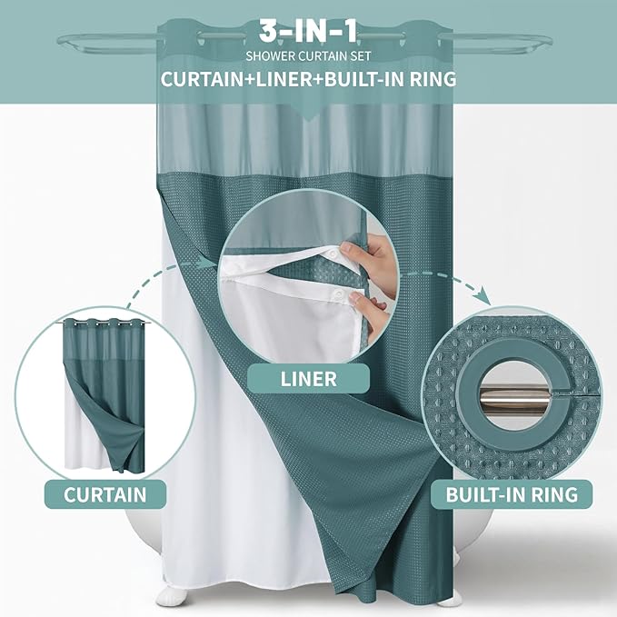 eachope SeawedGreen No Hook Waffle Weave Shower Curtain with snap-in Liner Replacement, 230GSM Waterproof Fabric Hotel Shower Curtain Set for Bathroom, Through Mesh Top Window,54Wx80H