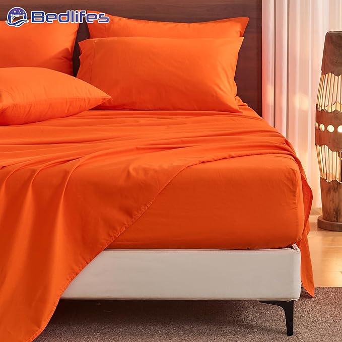 Bedlifes 100% French Pure Linen Sheets California King Size Breathable and Cooling Flax Sheet Set Soft Durable and Moisture Wicking 16 Inch Deep Pocket-4 Piece(Cal King,Orange)